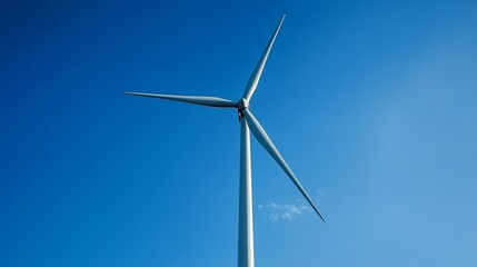A single wind turbine against a vibrant blue sky, showcasing clean energy technology (1)