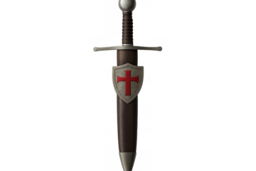 Crusader sword with red cross shield and leather scabbard isolated on transparent background, perfect for historical or fantasy projects