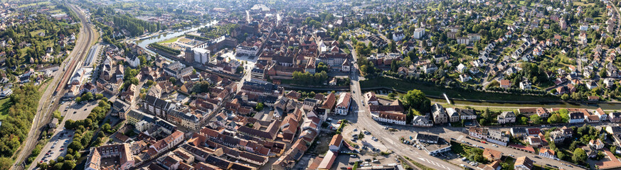An Aerial panoramic view with pan of the old town around the city Saverne in France on a sunny...
