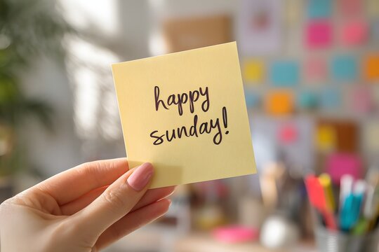 Yellow sticky note with “Happy Sunday!” text held by a woman’s hand in a bright desk area full of colorful supplies. Suitable for blogs, social media designs, and cheerful weekend messages.