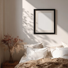Black Frame Mockup Beige Bedroom Dried Flowers wall decor