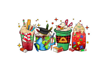 Whimsical collection of coffee cups filled with school supplies and educational symbols  Christmas Sublimation Design