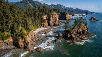 Aerial scene of wave erosion shaping the coastline with dramatic rock structures