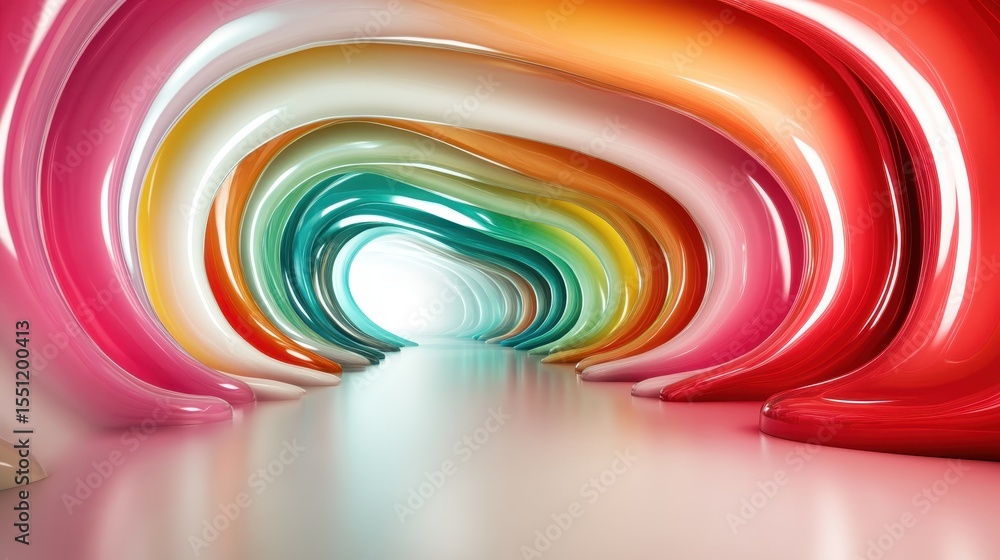 Poster an artistic representation of an abstract tunnel filled with colorful, smooth shapes creating a sens