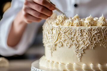 Pastry chef decorating fancy caramel cake with nuts in professional kitchen for dessert presentation, generative ai