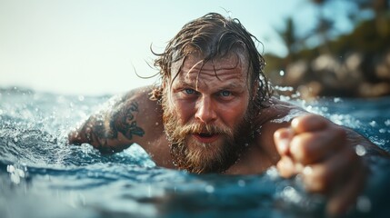 A man with a strong beard swims through ocean waves, showcasing determination and strength while evoking the exhilaration of nature and the joy of physical activity.