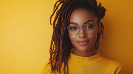 A fashionable woman with beautiful dreadlocks poses gracefully in striking gold attire, showcasing confidence and elegance against a bright yellow backdrop, embodying modern style.