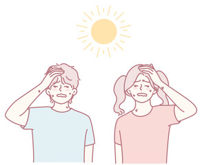 Two people show signs of heat stress in the sun. Staying hydrated and cool is crucial to prevent heat issues
