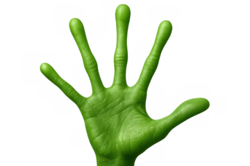 Green hand showing five fingers on transparent background, ideal for concepts related to aliens, ecology, or fantasy