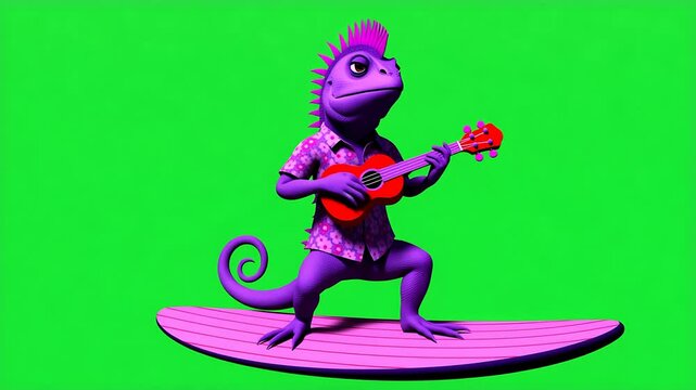 Purple Iguana Surfer Playing Ukulele on Green Screen