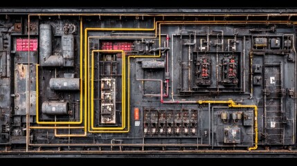 Infrastructure details including vent stacks, fuel lines, and cooling ducts in a coal plant
