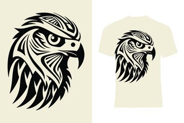 Intricate eagle tribal falcon head illustration with tribal elements and mechanical motifs, perfect for modern T-shirt designs and unique graphic projects.