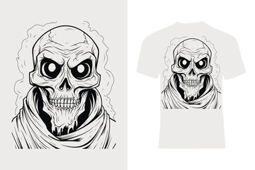 Stylized monochrome vector art depicting a grim reaper skull, presenting a spooky and macabre style on a plain t-shirt perfect for Halloween or gothic-themed art enthusiasts.