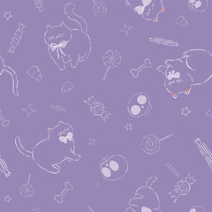 Vector Whimsical Playful Cats and Halloween Decorations seamless pattern