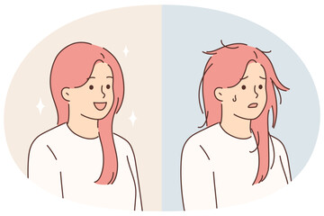 Woman before and after using quality cosmetic hair shampoo or going to hairdresser