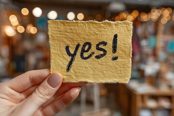 Close-up of a male hand holding a textured yellow sticky note with handwritten “yes!” text in a vibrant background. Perfect for motivation, approval, business success, and inspirational themes.