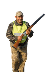 Hunters with a german drathaar and spaniel, pigeon hunting with dogs in reflective vests