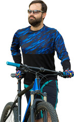 Cyclist in shorts and jersey on a modern carbon hardtail bike with an air suspension fork standing...