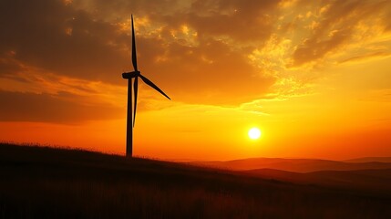 Obraz premium A solitary wind turbine stands silhouetted against a vibrant sunset over rolling hills, showcasing renewable energy potential