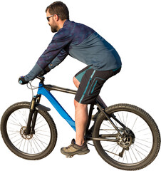 Cyclist in shorts and jersey on a modern carbon hardtail bike with an air suspension fork standing...