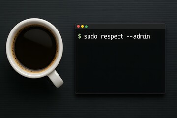 A cup of black coffee rests beside a computer screen displaying a command prompt showing sudo respect admin a concept for digital respect and professionalism.