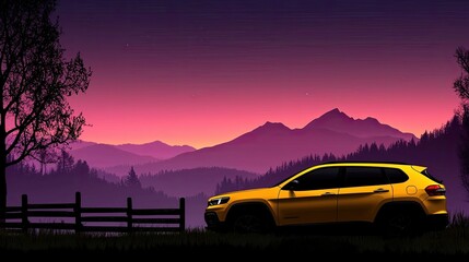 Sunset Drive: A Yellow SUV at Dusk in the Mountains