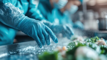 A team of professionals in a pristine kitchen preparing fresh ingredients for meals, showcasing food preparation practices and teamwork in a culinary environment.