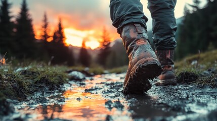 An adventurer trekking through a muddy trail as the sun sets, illustrating the spirit of exploration and the challenges of outdoor activities in natural settings.