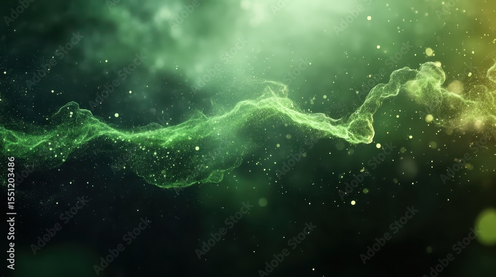 Poster an abstract image of a shimmering green wave with floating particles conveys a sense of energy and m