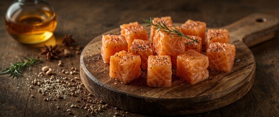 Delicious salmon cubes, seasoned with pepper and rosemary, on a wooden board.