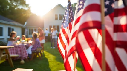 Happy 4th of July Family Barbecue with American Flags in Foreground