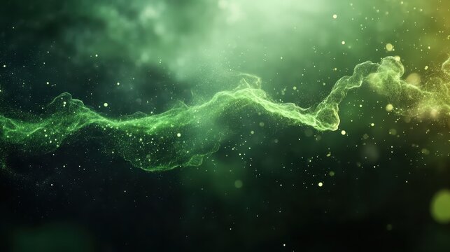 An abstract image of a shimmering green wave with floating particles conveys a sense of energy and movement, representing the beauty and mystery of the natural world.
