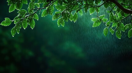 Tree branches swaying gently in the rain, creating a serene atmosphere in the forest.