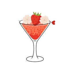 Strawberry cocktail decorated flowers and berry. Summer party drink. Refreshing beverage in stemmed glass. Flat vector illustration isolated on white background