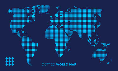 Dotted world map. Blue vector illustration. World map isolated on navy blue background. Suitable for backgrounds, logistics, reports, travel and infographics. Vector illustration