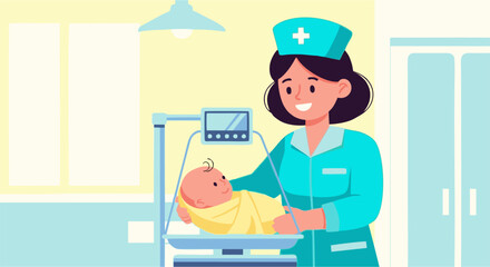 Smiling nurse weighing a newborn baby wrapped in a yellow blanket