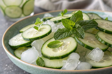 Fresh Cucumber Slices with Mint and Ice Mist