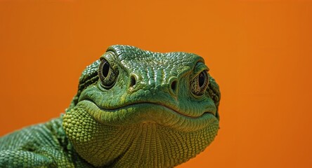 Fototapeta premium Emerald Gaze. A closeup portrait of a vibrant green lizard against an orange backdrop.