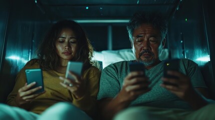 The image portrays a couple absorbed in their smartphones late at night, representing modern communication, digital interaction, and the significance of technology in relationships.
