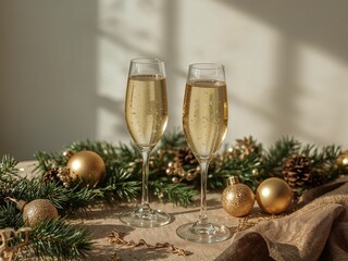 Festive Champagne Toast. Sparkling Wine Celebration with Christmas Decorations.