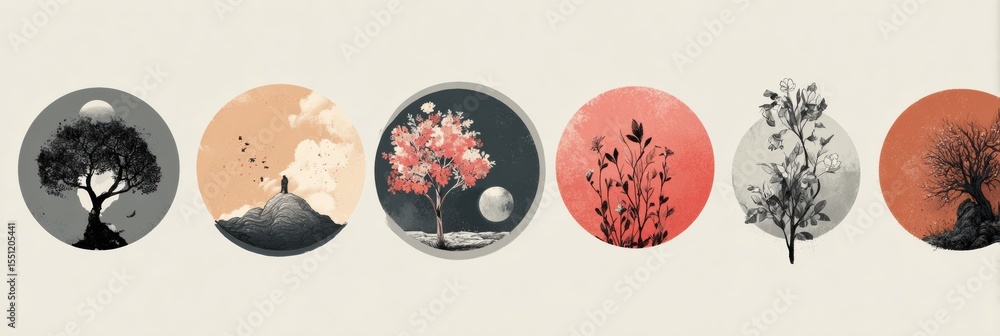 Poster exploring five distinct poetry styles through minimalist illustrations with a focus on nature and em