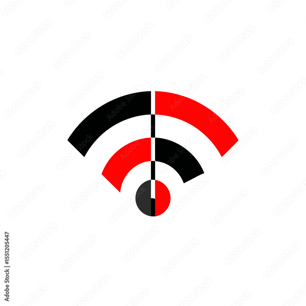 Poster wifi icon transmits signal digitally in minimalistic geometric style on white background with red bl