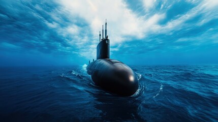 A sleek submarine glides through the tranquil blue depths of the ocean, highlighting the mysteries of underwater exploration and the technology used in modern navigation.
