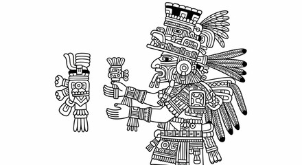 Intricate Aztec God Illustration with Headdress and Ritual Object in Black and White