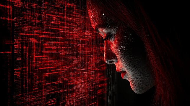 Artificial intelligence ai woman face with red digital code futuristic technology concept