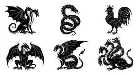 Detailed Black Dragon Silhouettes with Wings and Various Poses