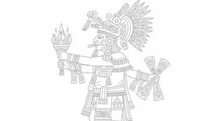 Obraz premium Detailed Aztec Priest Holding Torch and Ritual Objects, Line Art