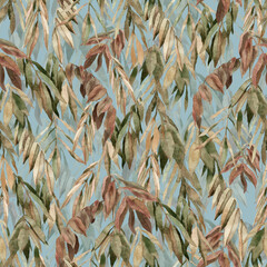 Seamless pattern with green branches and leaves. Repeating wallpaper with leaves painted in watercolor
