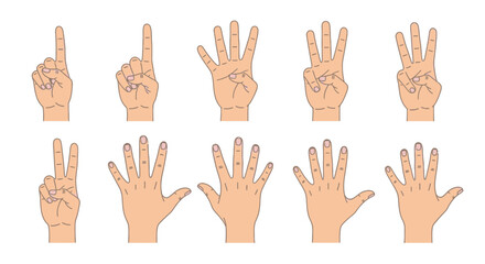 Ten Hands Displaying Numbers One Through Five: A Set of Line Art Illustrations