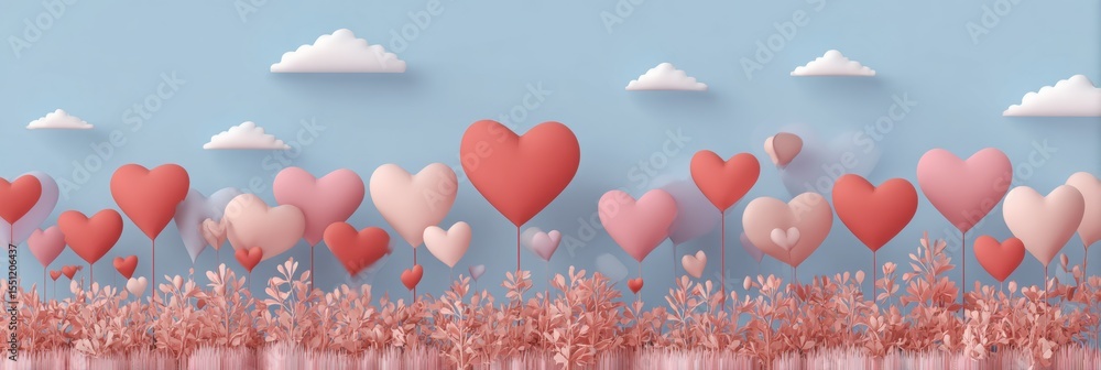 Aufkleber floating heart balloons in an abstract clay-style field under a blue sky with clouds creating a whim